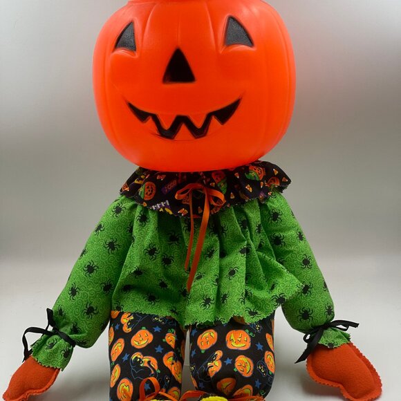 Halloween Pumpkin Head Doll Treat Candy Bucket Seated Handmade Vintage Decor - Picture 2 of 9